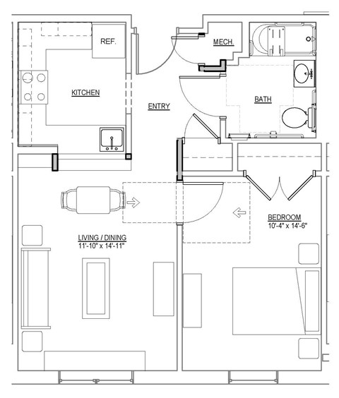 Floor plan for 1 bed, 1 bath, 579 sqft